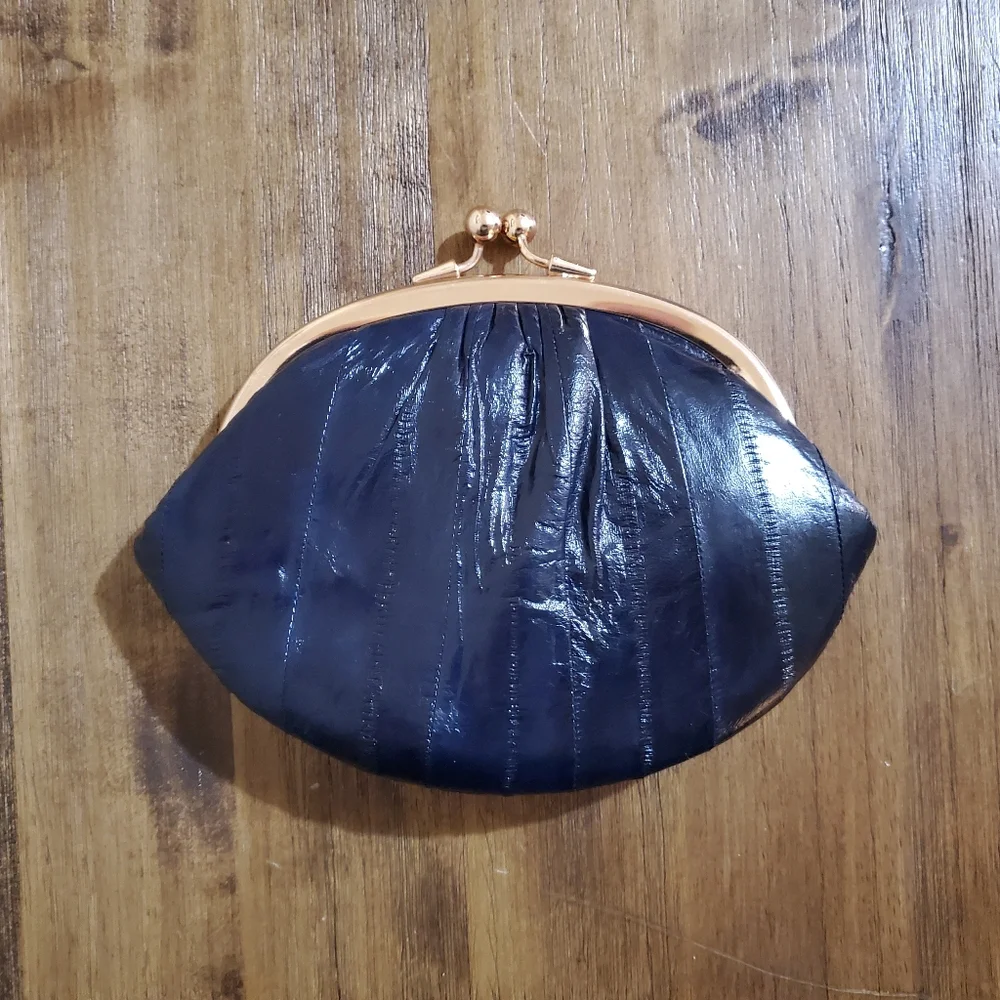 New Women's Eel Skin Double Kisslock Ball Clasp Coin Purse Wallet - Navy Blue